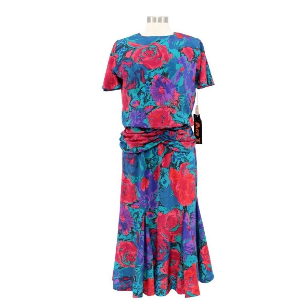 NWT Vintage 80s Act I Green Red Novelty Print Satin Peplum Midi Dress Size S
